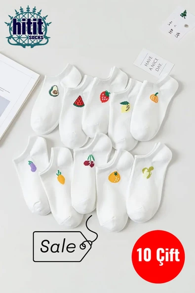 Hitit Socks Kadın 10 Çift Premium Kalite Pamuklu Meyve Desenli Babet Çorap