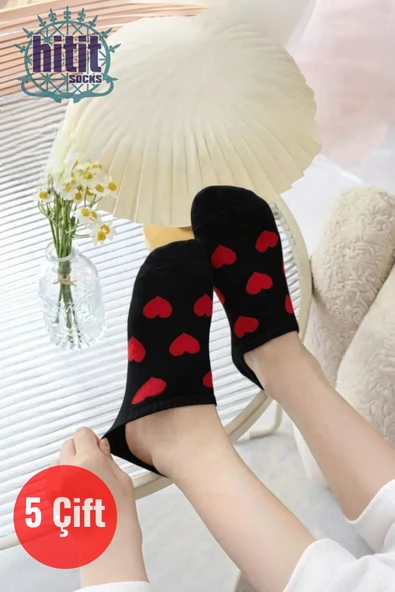 Hitit Socks Kadın 5 Çift Premium Kalite Mini Kalp Desenli Görünmez Çorap Siyah ürün görseli