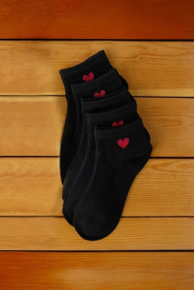 Hitit Socks Kadın 8 Çift Pamuklu Günlük Kullanım İçin Kalp Desenli Kısa Patik Çorap Siyah Beyaz - 5