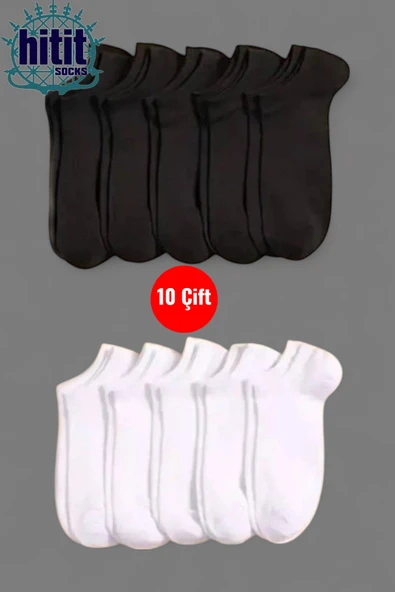 Hitit Socks Hitit Sock Erkek 10 Çift Premium Kalite Pamuklu Düz Patik Siyah Beyaz