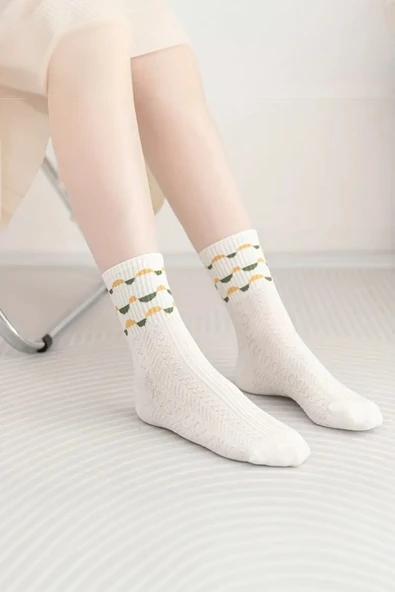 Hitit Socks Kadın 5 Çift Premium Kalite Yeşil Çiçek Desenli Soket Çorap - 5