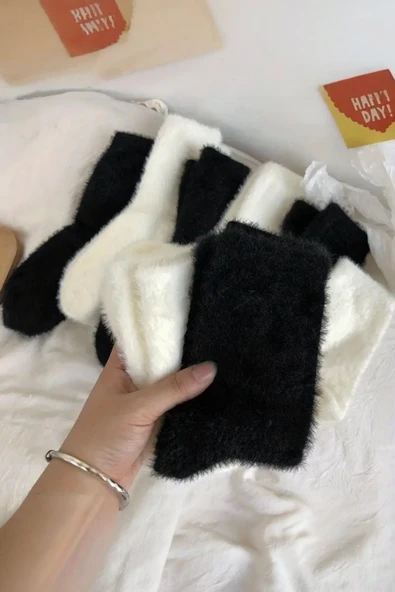 Hitit Socks Kadın 2 Çift Peluş Kışlık Termal Uyku Çorabı Siyah Beyaz - 4