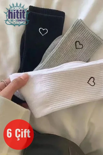 Hitit Socks Kadın 6 Çift Premium Kalite Kalp Detaylı Tenis Çorap Siyah Beyaz Gri ürün görseli