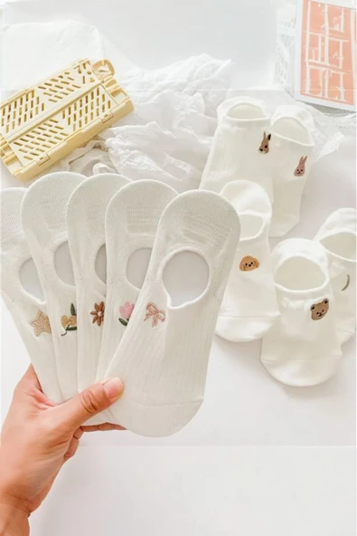 Hitit Socks Kadın 10 Çift Premium Çiçek ve Hayvan Desenli Görünmez Babet Çorap Şeker Beyazı - 5