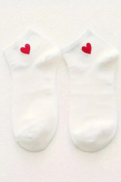 Hitit Socks Kadın 8 Çift Pamuklu Günlük Kullanım İçin Kalp Desenli Kısa Patik Çorap Beyaz - 4