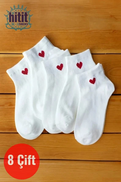 Hitit Socks Kadın 8 Çift Pamuklu Günlük Kullanım İçin Kalp Desenli Kısa Patik Çorap Beyaz