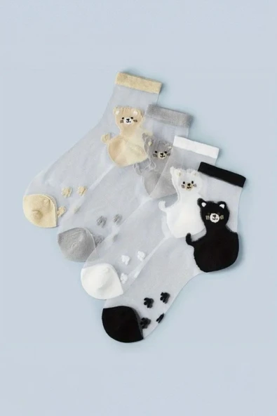 Hitit Socks Kadın 4 Çift Premium Kalite Sevimli Kedi Desenli Tül Çorap Karışık Renkli - 3