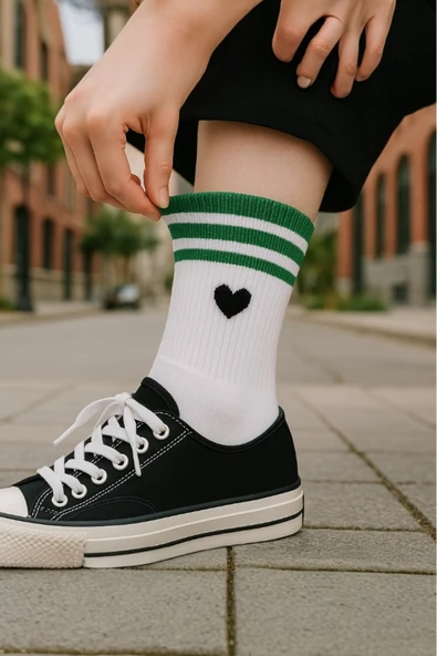 Hitit Socks Kadın 5 Çift Premium Kalite Çizgili Kalp İşlemeli Tenis Soket - 2