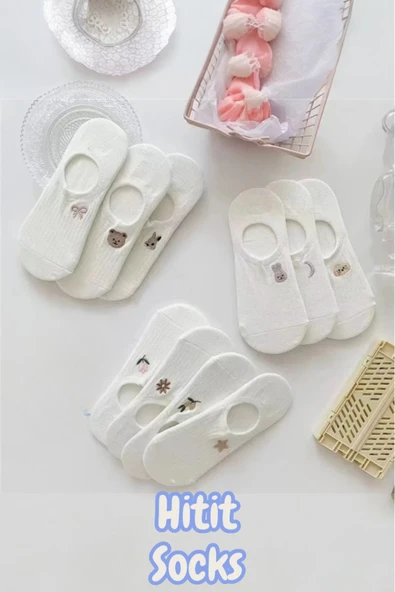 Hitit Socks Kadın 10 Çift Premium Çiçek ve Hayvan Desenli Görünmez Babet Çorap Şeker Beyazı - 4