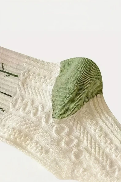 Hitit Socks Kadın 5 Çift Premium Kalite Yeşil Çiçek Desenli Soket Çorap - 3