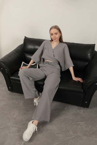 Müslin Kumaş Bol Paça Kadın Pantolon-Gri ürün görseli