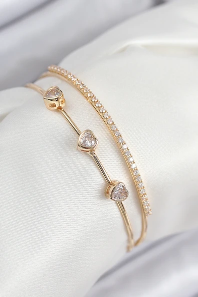 Pirinç Zirkon Taşlı Kalp Model Gold Renk Kadın Bileklik - EBJ250902W37721 ürün görseli