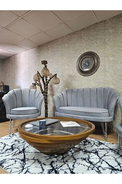 İstiridye Takım Krom Kaplama Telli Ayak Çay Seti Koltuk Takımı Gri Renk 110 x 48 Boyut/Ebat - Resim 4