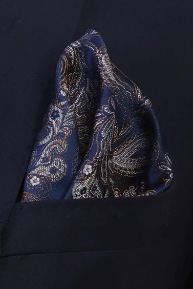 Esgue Hand Made 7.5 cm Bej Lacivert Damla Desen Mendilli Kravat - Resim 4