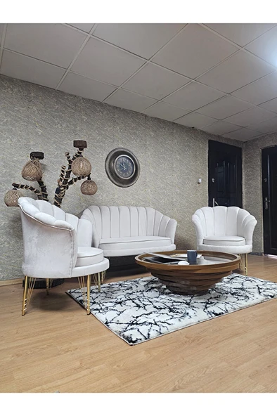 İstiridye Takım Gold Kaplama Telli Ayak Çay Seti Koltuk Takımı Krem Renk 110 x 48 Boyut/Ebat - Resim 3