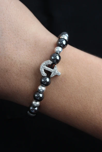 Doğal Taş Çapa Model Gümüş Ve Füme Renk Asansörlü Erkek Bileklik - EBJ250902W37684 ürün görseli