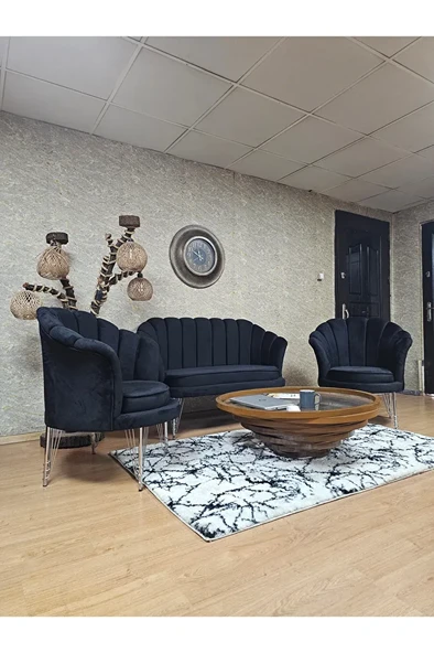 İstiridye Takım Krom Kaplama Telli Ayak Çay Seti Koltuk Takımı Siyah Renk 110 x 48 Boyut/Ebat - 3