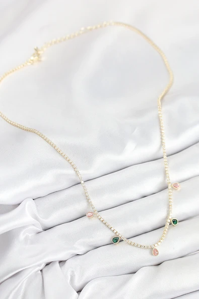 Pirinç Zirkon Taşlı Su Yolu Damla Model Gold Renk Kadın Kolye - EBJ250902W37765 - Resim 2