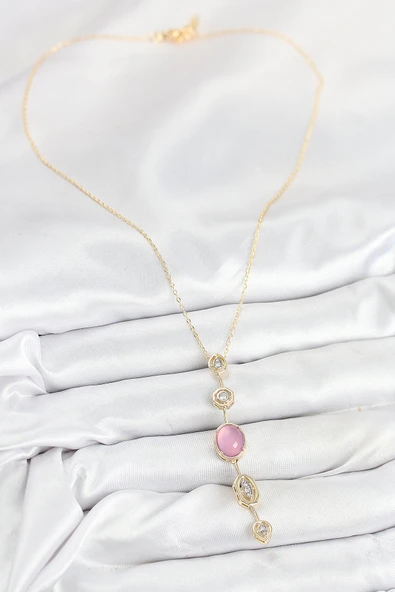 Pirinç Zincir Pembe Gold Renk Zirkon Taşlı Y Kolye - EBJ250902W37774 - Resim 2
