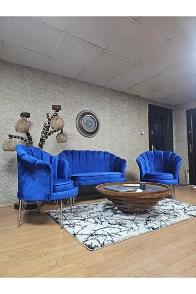 İstiridye Takım Krom Kaplama Telli Ayak Çay Seti Koltuk Takımı Mavi Renk 110 x 48 Boyut/Ebat - Resim 3
