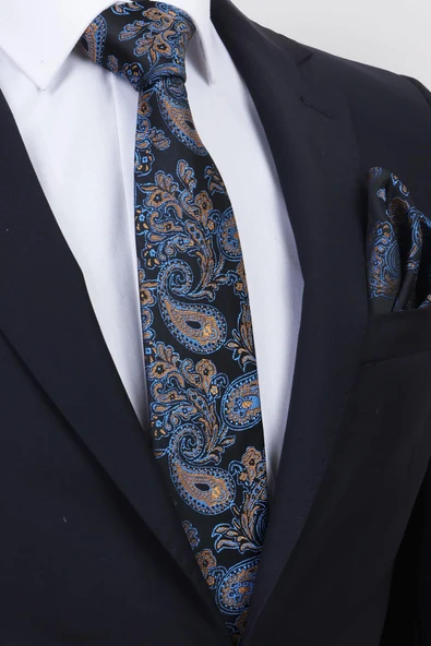 Esgue Hand Made 7.5 cm Sarı-Mavi & Siyah Damla Desen Mendilli Kravat