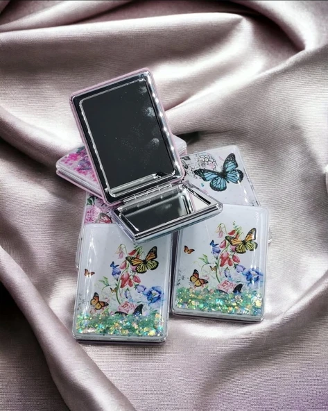 Kelebek Tasarımlı Büyüteçli Simli Sulu Kozmetik Dikdörtgen Cep Çanta Aynası Kapaklı El Makyaj Aynası