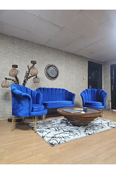 İstiridye Takım Gold Kaplama Telli Ayak Çay Seti Koltuk Takımı Mavi Renk 110 x 48 Boyut/Ebat - Resim 3