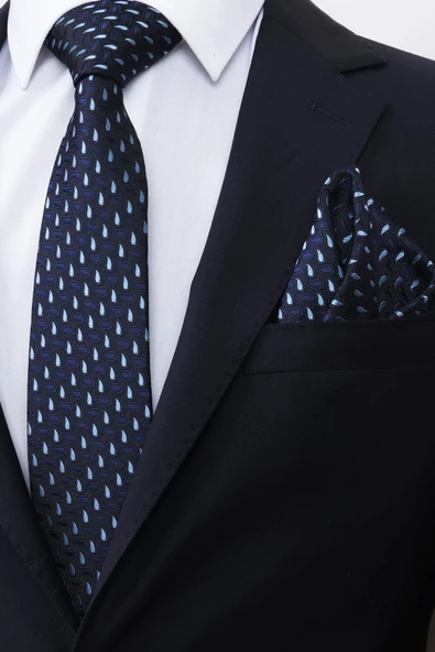 Esgue Hand Made 7.5 cm Damla Desen Mavi Siyah Mendilli Kravat - 2