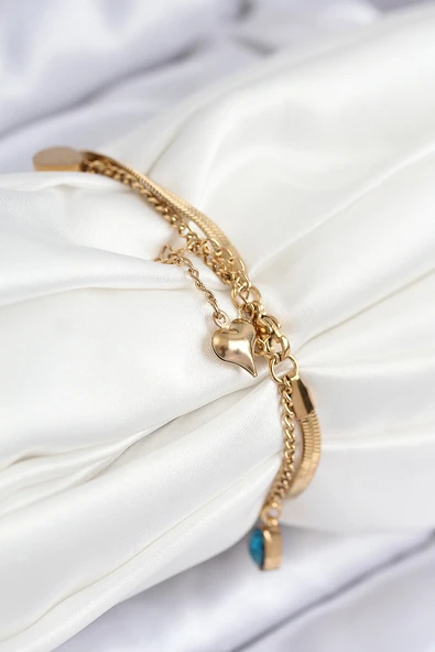 Nazar Boncuk Detaylı Mavi Zirkon Taşlı Model İtalyan Zincir Gold Renk Kadın Bileklik - EBJ250902W37652 - Resim 2