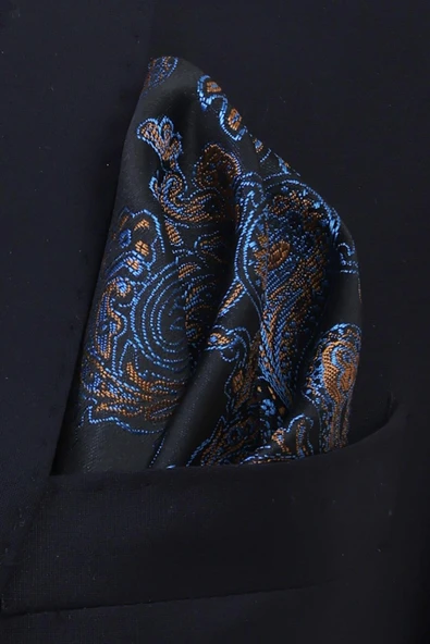 Esgue Hand Made 7.5 cm Sarı-Mavi & Siyah Damla Desen Mendilli Kravat - 4