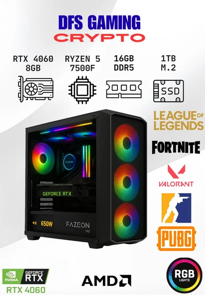 DFS Gaming CRYPTO RYZEN 5 7500F-B650M-RTX 4060 8GB-16GB DDR5 RAM-1TB M.2 SSD-OYUNCU BİLGİSAYARI ürün görseli
