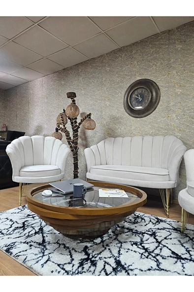 İstiridye Takım Gold Kaplama Telli Ayak Çay Seti Koltuk Takımı Krem Renk 110 x 48 Boyut/Ebat - Resim 4