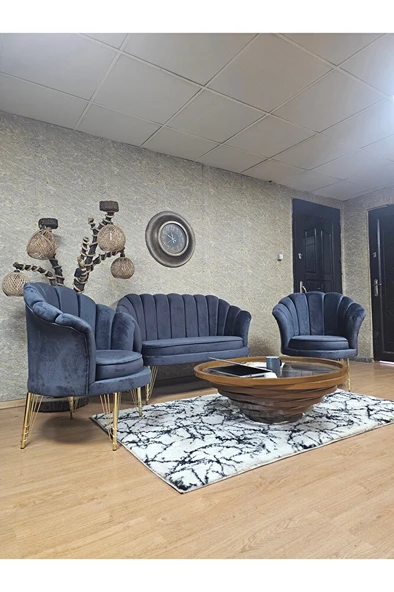 İstiridye Takım Gold Kaplama Telli Ayak Çay Seti Koltuk Takımı Füme Renk 110 x 48 Boyut/Ebat - Resim 3