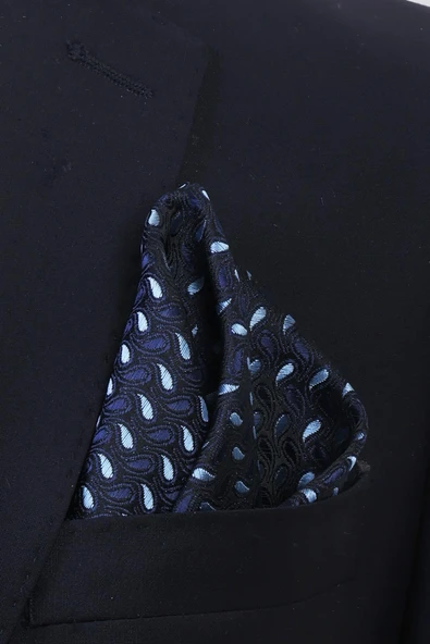 Esgue Hand Made 7.5 cm Damla Desen Mavi Siyah Mendilli Kravat - 4