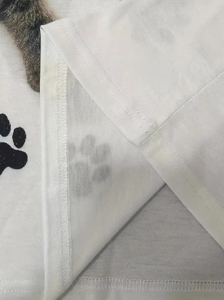 Kadın Kısa Kollu Kedi Ve Pati Baskılı Süprem T-shirt - Resim 6