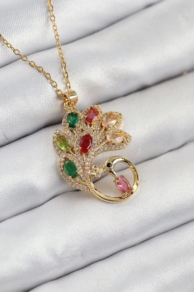 Zirkon Taşlı Tavus Kuşu Model Gold Renk Kadın Kolye - EBJ250902W37636 ürün görseli