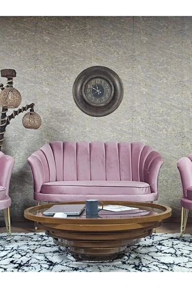 İstiridye Takım Gold Kaplama Telli Ayak Çay Seti Koltuk Takımı Pembe Renk 110 x 48 Boyut/Ebat - Resim 2