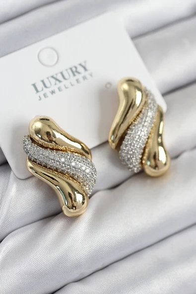 Pirinç Zirkon Taşlı Kıvrım Model Gold Renk Kadın Küpe - EBJ250902W37577 ürün görseli