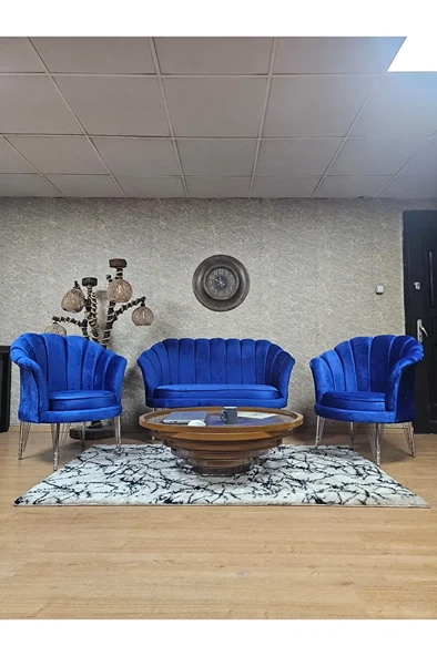 İstiridye Takım Krom Kaplama Telli Ayak Çay Seti Koltuk Takımı Mavi Renk 110 x 48 Boyut/Ebat ürün görseli 1