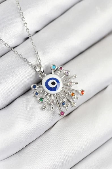 Zirkon Taşlı Nazar Model Gümüş Renk Kadın Kolye - EBJ250902W37708 ürün görseli