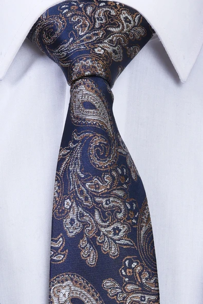 Esgue Hand Made 7.5 cm Bej Lacivert Damla Desen Mendilli Kravat - Resim 3
