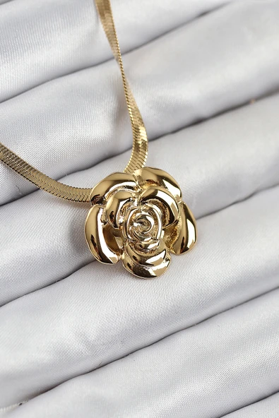 Gül Figürlü İtalyan Zincir Model Gold Renk Kadın Kolye - EBJ250902W37635 ürün görseli