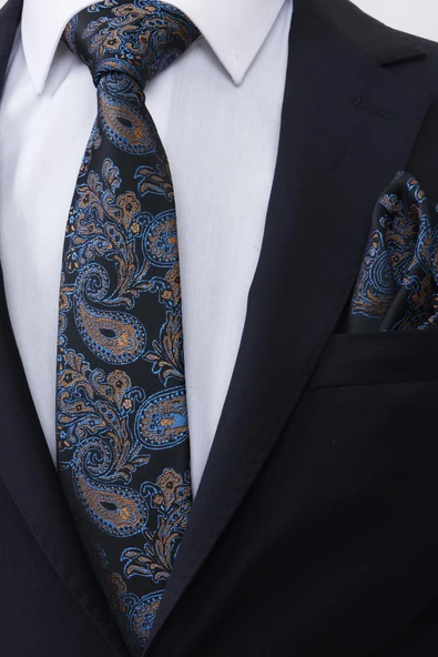 Esgue Hand Made 7.5 cm Sarı-Mavi & Siyah Damla Desen Mendilli Kravat - 2