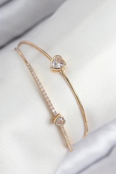 Pirinç Zirkon Taşlı Kalp Model Gold Renk Kadın Bileklik - EBJ250902W37729 ürün görseli
