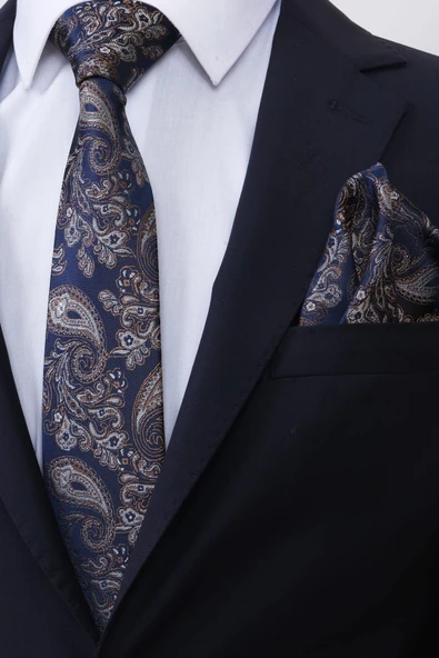 Esgue Hand Made 7.5 cm Bej Lacivert Damla Desen Mendilli Kravat - Resim 2