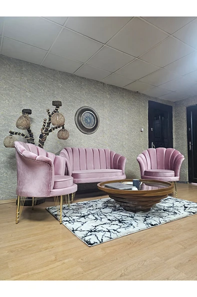 İstiridye Takım Gold Kaplama Telli Ayak Çay Seti Koltuk Takımı Pembe Renk 110 x 48 Boyut/Ebat - Resim 3