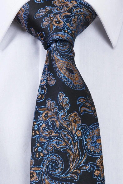 Esgue Hand Made 7.5 cm Sarı-Mavi & Siyah Damla Desen Mendilli Kravat - 3