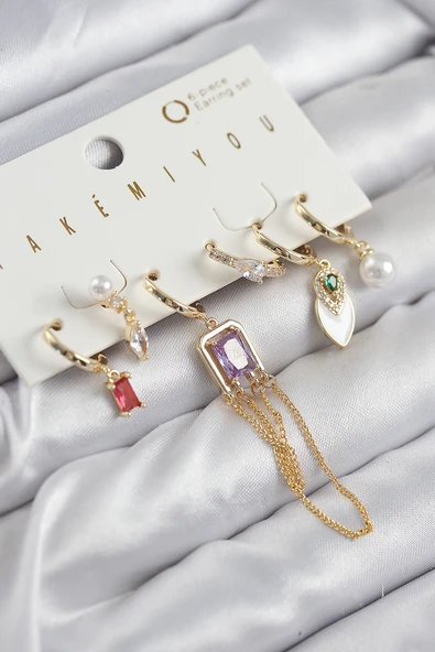 Pirinç Zirkon Taşlı Sallantılı Ve İncili Gold Renk 6'lı Küpe Set - EBJ250902W37571 ürün görseli