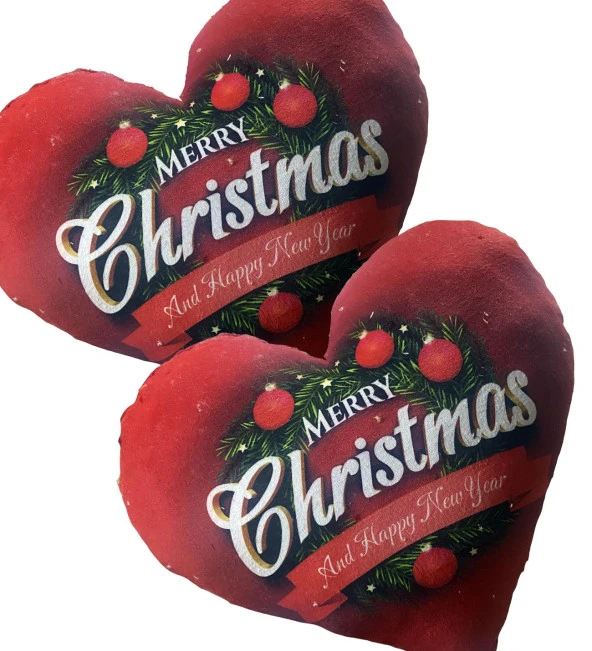 Yeni Yıla Özel: Merry Christmas Baskılı 2 Adet Kalp Yastık