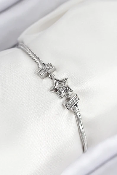 Pirinç Zirkon Taşlı Yıldız Model Gümüş Renk Kadın Bileklik - EBJ250902W37762 ürün görseli